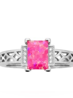 Emerald Cut Pink Fire Opal and CZ Filigree Ring 18K White Gold Filled NWOT